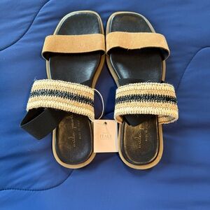 Mila Paoli Tan and Black Leather Sandals, Size 7.5